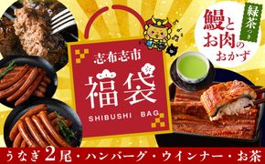 志布志市福袋！！鰻とお肉のおかず(名水慈鰻2尾＆里山牛ハンバーグ4個＆黒豚MEGUMIウインナー2P＆お茶 総計約1kg) b8-036