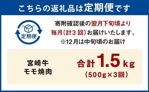 【3ヶ月定期便】＜宮崎牛モモ焼肉 500g（1パック：500g×3回）＞ お申込みの翌月下旬頃に第一回目発送（12月は中旬頃） 牛肉 お肉 肉 和牛 新生活応援 卒業祝い 就職祝い 入学 卒業 お花見 引越し【c1358_mc_x2】