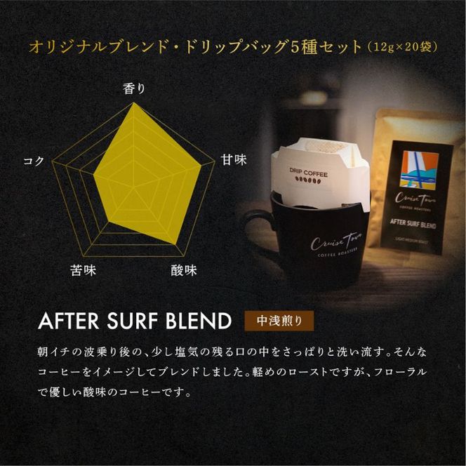 【CRUISE TOWN COFFEE ROASTERS】オリジナルブレンド・ドリップバッグ5種セット（12g×20袋） 飲料 ドリップコーヒー 休憩 飲み物 一息 手軽 簡単 優しい酸味 マイルド 
