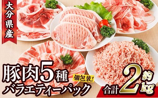 豚肉 バラエティーパック (合計2kg・5種)豚バラ しゃぶしゃぶ 鍋 とんかつ ロース 小分け 個包装 豚こま 小間切れ スライス ミンチ セット 詰め合わせ 冷凍 食べ比べ 国産 大分県 佐伯市【BD320】【西日本畜産】