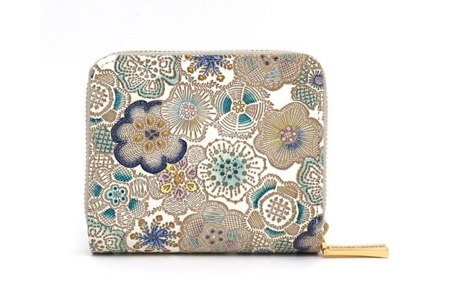 【文庫屋大関】二つ折りファスナーミニ財布 春らんまん＜瑠璃＞【皮革工芸品】財布 二つ折り 小物 お札 カード 小銭 コンパクト 牛革 手作り 日本製 墨田区 東京都