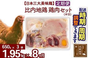 《定期便8ヶ月》 比内地鶏 鶏肉セット（半羽） 1.95kg（650g×3袋）×8回 計15.6kg 時期選べる お届け周期調整可能 8か月 8ヵ月 8カ月 8ケ月 15.6キロ 国産 冷凍 鶏肉 鳥肉 とり肉|jaat-031808