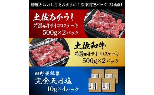 土佐あかうし＆土佐和牛2種食べ比べ 特選赤身サイコロステーキ500g 計4P 田野屋銀象完全天日塩4P付 牛肉 肉 お肉 和牛 国産 牛 赤身 ヒレ カルビ ロース【株式会社LATERAL】 [BQAU084]