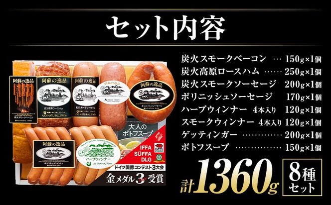 阿蘇の逸品 AN-100 ベーコン・ハム・ソーセージ・スープ 8種セット 株式会社阿蘇ナチュラル・ジェイファーム 《30日以内に出荷予定(土日祝除く)》 熊本県 南阿蘇村 炭火 スモーク ベーコン ハム ソーセージ ポトフ スープ---sms_anj100_30d_26_37000_8p---