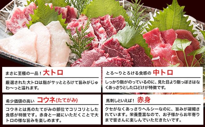 馬刺し4種盛り 1700g 南阿蘇食品《30日以内に出荷予定(土日祝除く)》馬刺し 熊本 南阿蘇村 赤身 コウネ たてがみ 大トロ 中トロ 食べ比べ 馬肉---sms_fmas4syu_30d_24_167000_1700g---