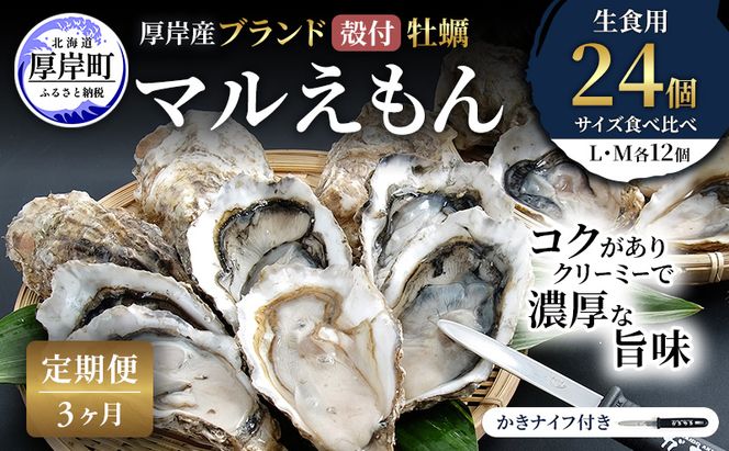 【 3ヵ月 定期便 】 厚岸産 ブランド 殻付カキ マルえもん 生食用 サイズ食べ比べ 24個 (L・M各12個)[ 魚貝類 生牡蠣 かき 牡蠣 カキ 生ガキ 食べ比べ ]