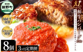 幻のあかうし和牛ハンバーグ 8個入り 3ヶ月定期便 1個120g 特製デミソース トマトソース付き 田野屋青蜂 白鯆 完全天日塩練り込み 肉 お肉 国産牛 おかず おいしい お取り寄せ 冷凍 配送 高知県 田野町