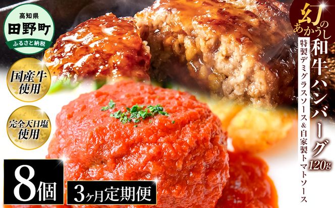 幻のあかうし和牛ハンバーグ 8個入り 3ヶ月定期便 1個120g 特製デミソース トマトソース付き 田野屋青蜂 白鯆 完全天日塩練り込み 肉 お肉 国産牛 おかず おいしい お取り寄せ 冷凍 配送 高知県 田野町