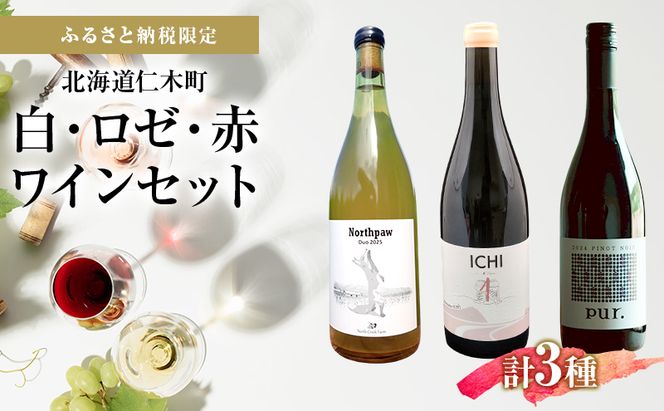 ふるさと納税限定セット 北海道仁木町余市川右岸 白・ロゼ・赤3本セット【North Creek Farm×Domaine ICHI×ピュール】 お酒 酒 果実酒 晩酌 葡萄 ぶどう ブドウ 料理 食事 お祝い 北海道 仁木町 飲み比べ