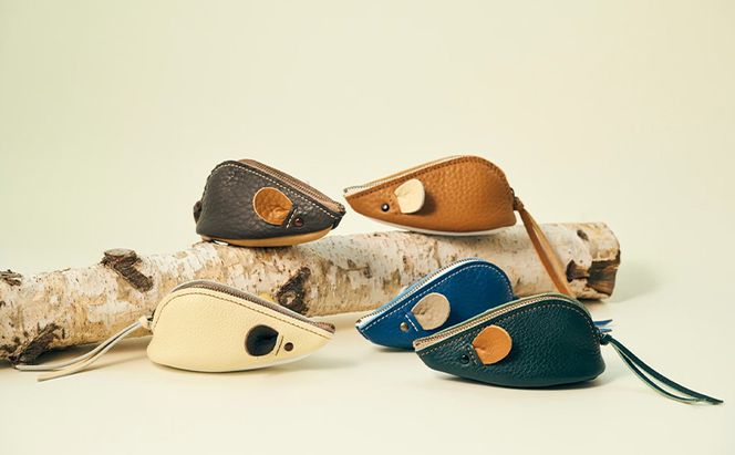 ねずみのポーチ sea［amina+］【 本革 革小物 レザー ハンドメイド シンプル 牛革 手作り ポーチ 小物入れ 小銭入れ 北海道 十勝 幕別 】