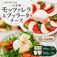 【12ヶ月定期便】自家製 チーズ 詰め合わせ モッツァレラチーズ 100g  ブッラータチーズ160g 各2個 出来立て 神奈川県産 幻のチーズ  モッツァレラ ブッラータ 手作り Osteria e Bottega S 神奈川県 湘南 茅ケ崎 フレッシュチーズ  おつまみ ピザ