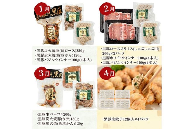 a889 《定期便全12回》鹿児島ますやの鹿児島黒豚「短鼻豚」のお肉＆無添加加工品【鹿児島ますや】姶良市 豚肉 黒豚 無添加 ソーセージ ウィンナー ウインナーソーセージ ベーコン 炭火焼き ハム 焼肉 しゃぶしゃぶ 餃子 おかず
