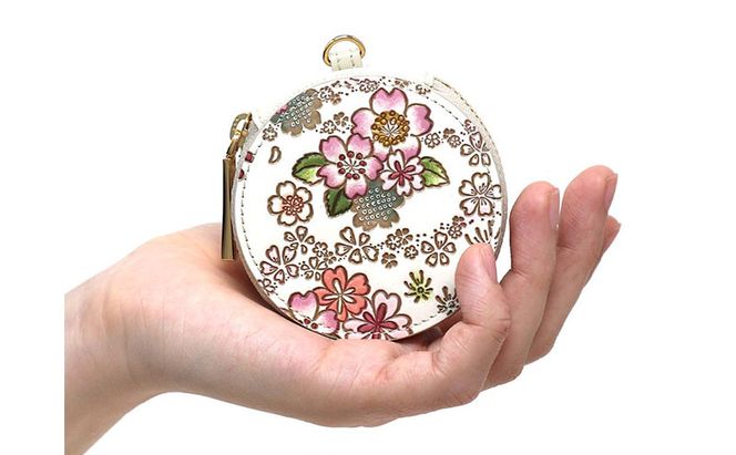 【文庫屋大関】マカロンポーチ かすみ桜【皮革工芸品】 ポーチ ミニポーチ 小物入れ アクセサリー入れ イヤホン入れ 収納 保管ケース 手のひらサイズ  本革 革 皮革 工芸品 工芸 雑貨 ギフト プレゼント 日本製 東京