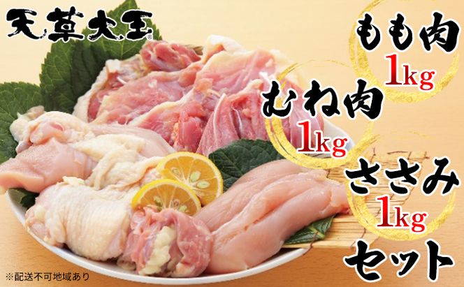 鶏肉 もも 水炊き 鍋 やきとり 天草大王 3種 セット もも肉 むね肉 ささみ 各1kg 配送不可:離島 お肉 ムネ モモ 鶏肉ささみ 