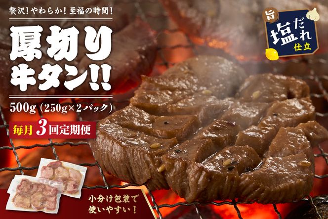 【定期便】【訳あり】贅沢！やわらか！至福の時間！！厚切り塩だれ牛タン！！500g（250g×2パック）【定期便 毎月×3回】　YK00472