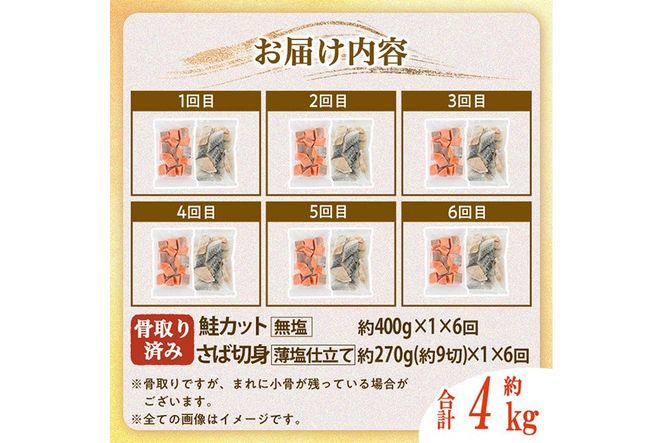 【定期便・全6回(連続)】骨取り さば切身と鮭カットのセット(総量約4kg) 鮭 小分け 冷凍 サーモン シャケ サケ サバ 鯖 骨なし 骨取り セット 魚 魚介 【AW-106】【丸正水産】