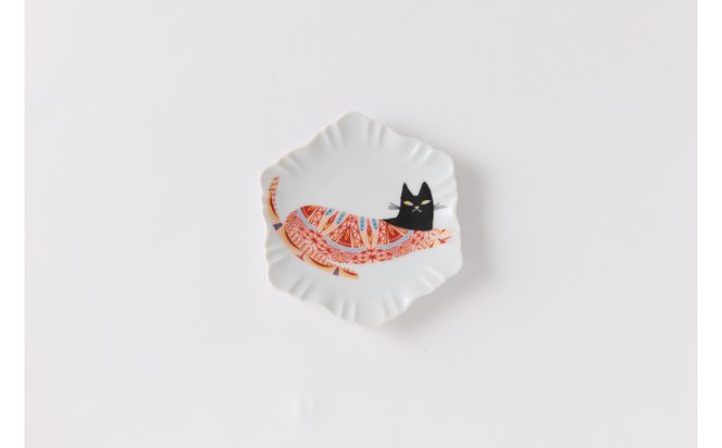 ハレクタニ　レリーフ皿セット　赤絵（ねこ・花） 172111_CY7007