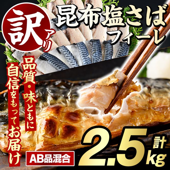 訳あり！昆布塩さばフィーレ(A品B品混合・計2.5kg) 大容量 ボリューム サバ 鯖 おかず おつまみ 惣菜 焼き魚 切り身 昆布 ご家庭用 リピート【グローバルフーズ】akn061-04