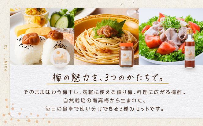 ひとみずの梅 3種セット 梅干し 練り梅 梅酢 自然栽培で育てた紀州南高梅使用 ※栽培期間中、農薬・肥料・堆肥不使用 304018_EW06