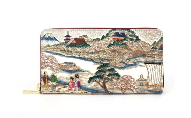 【文庫屋大関】大容量　ぐるっとファスナーの長財布　浮世絵　待乳山【皮革工芸品】 ファッション 小物 仕切り カードポケット ロングポケット 