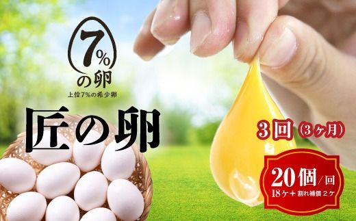 [定期便3ヶ月]匠の卵 20個(割れ玉補償2個)7%の卵 たまご 卵 玉子 鶏卵 生卵 プレミアム 優秀賞 愛知県 美浜町 国産 産直 卵黄 卵かけご飯