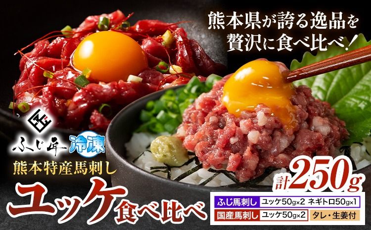 熊本 特産 馬刺し ユッケ 食べ比べ セット 250g ふじ馬刺し 国産馬刺し[30日以内に出荷予定(土日祝除く)] 熊本県 長洲町 くまもと黒毛和牛 黒毛和牛 冷凍 馬肉 馬刺し 馬 ユッケ ネギトロ たれ 生姜付き 送料無料 富士商株式会社---sn_ffujibyk_30d_r7_15000_250g---