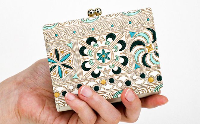 【文庫屋大関】三つ折りミニ財布　錦紗（緑）【皮革工芸品】 ファッション 小物 民芸品 お札 カード 小銭 手のひらサイズ コンパクト 大人かわいい 牛革 手作り 国産 