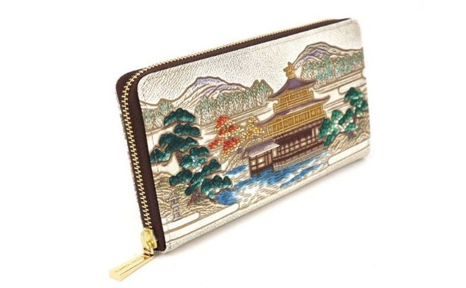 【文庫屋大関】大容量　ぐるっとファスナーの長財布　浮世絵　金閣寺【皮革工芸品】 ファッション 小物 仕切り カードポケット ロングポケット 