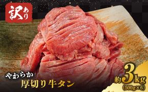 訳あり 牛タン やわらか 厚切り 牛タン 塩仕込み 計3kg 500g×6p 配送不可 沖縄・離島 柔らかい ジューシー 食べやすい 塩だれ 旨味 おうち焼肉 バーベキュー BBQ おかず つまみ 