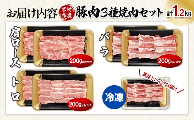 【希少部位・豚トロ入り！】宮崎県産 豚肉 焼肉バラエティセット 合計1.2kg 真空パック 200gずつの便利な小分け 食べ比べ