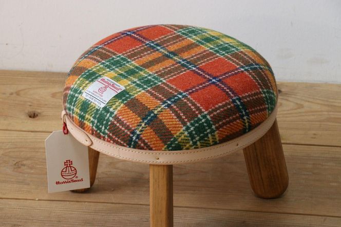 まぁるいスツール【オレンジ＆グリーンチェック】 子供 椅子イスキッズ HARRIS TWEED（ハリスツイード）家具  Z111VC03