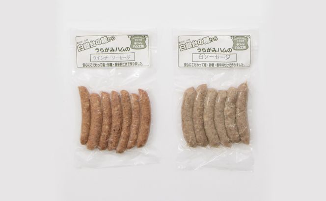 十勝の無添加豚 ウインナー・白ソーセージ 50本前後セット(各110g×5) 計1.1kg［うらがみミート］ 無塩せき 保存料・結着剤不使用【 ソーセージ ウィンナー 肉 豚 国産 惣菜 おつまみ 料理 燻製 加工品 北海道 十勝 幕別 】