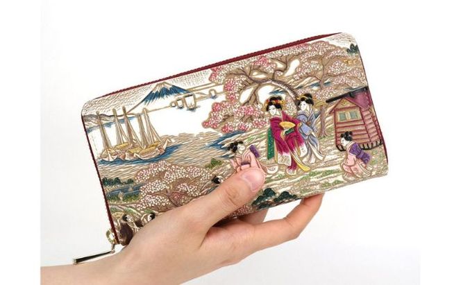 【文庫屋大関】大容量　ぐるっとファスナーの長財布　浮世絵　御殿山【皮革工芸品】 ファッション 小物 仕切り カードポケット ロングポケット 