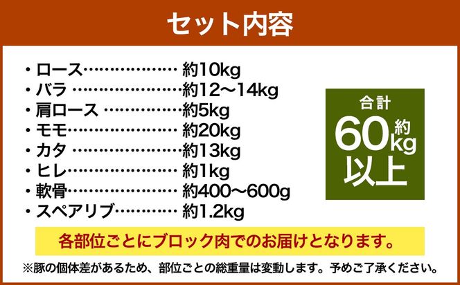 【豚1頭分！】完全無薬！梅肉エキス肥育 熊本県産 天草梅肉ポーク 食べ尽くしセット 一頭 約60kg以上 肉 お肉 豚肉 ポーク 詰め合わせ セット 冷凍 熊本県 上天草市