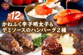 【K03-001】かねふく辛子明太子&デミソースのハンバーグ2種セット【毎月定期便(計12回発送)】