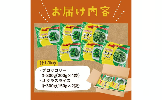 【志布志市制20周年記念】国産冷凍カット野菜（ブロッコリー・オクラスライス）計1.1kg a0-399