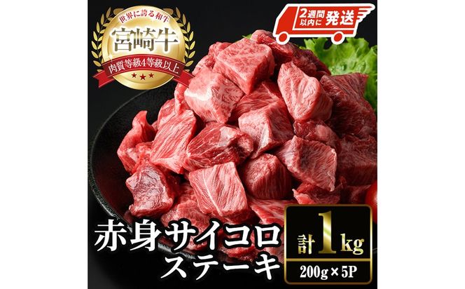 ＜2週間以内発送！＞宮崎牛 赤身 サイコロ ステーキ(計1kg・200g×5P) お肉 牛肉 黒毛和牛 宮崎牛 ブランド和牛 冷凍 国産 サイコロ 赤身 ステーキ 宮崎県産 【YM-08】【YAMATO株式会社】