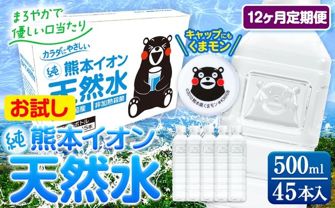 【12ヶ月定期便】水 500ml 家計応援 くまモン の ミネラルウォーター 天然水 熊本イオン純天然水 ラベルレス 45本 500ml 《申込み翌月から発送》 飲料水 定期 備蓄 備蓄用 箱 ペットボトル 防災用 調乳 ラベル ミネラルウオーター---gkt_gfrsttei_r7_72000_45p_mo12---