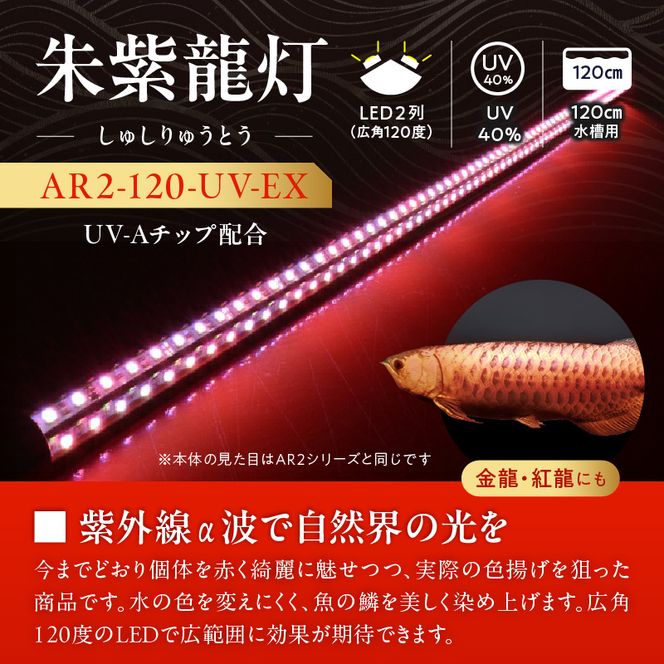 水中から直接照射可、UV-A搭載のアロワナ用LEDライト|AR2-120-UV-EX［172C21］紅龍 リバイブソード 照射 水中 アロワナ 紫外線 UVチップ 水槽ライト テンニングライト LED ライト 照明 水中照明 光 綺麗 強化ガラス 吸盤 1年保証 簡単 設置 でんらい インテリア 雑貨 愛知県 小牧市 送料無料
