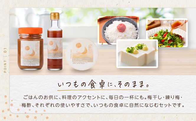ひとみずの梅 3種セット 梅干し 練り梅 梅酢 自然栽培で育てた紀州南高梅使用 ※栽培期間中、農薬・肥料・堆肥不使用 304018_EW06