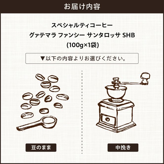 【こだわりの贅沢コーヒー】「Sunny side」の自家焙煎スペシャルティ珈琲　グァテマラ ファンシー サンタロッサ SHB（100g） ［137S17］ こだわりの贅沢コーヒー Sunny side 自家焙煎 スペシャルティ珈琲 SHB 100g 選べる 豆 粉 スペシャルティ コーヒー 厳選 高品質 アラビカ種 コーヒー豆 独特 ご褒美 愛知県 小牧市 送料無料