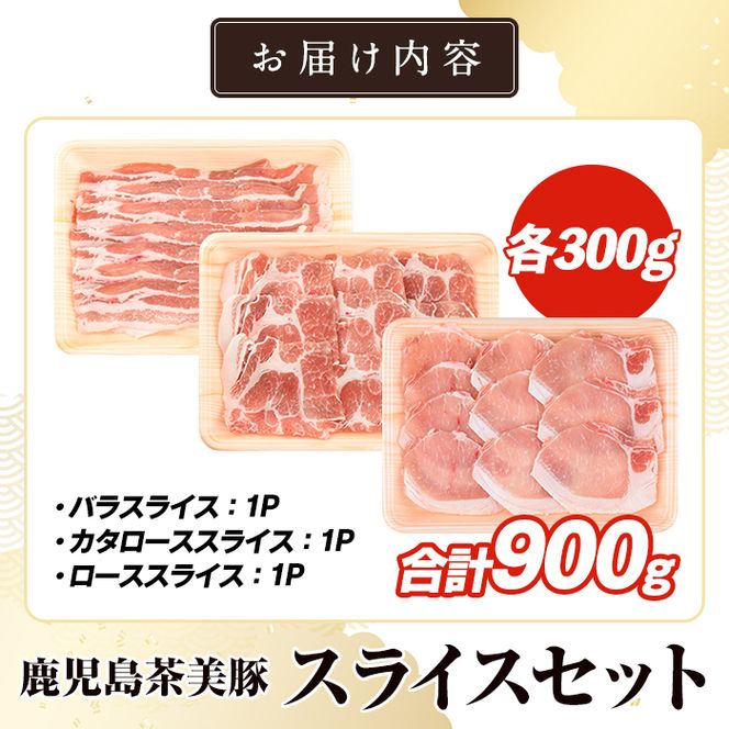 C-701 鹿児島茶美豚スライスセット(合計900g) お肉 肉 豚 豚肉 チャーミートン ブランド豚 豚ロース しゃぶしゃぶ 肉巻き しょうが焼き 豚丼 おかず 小分け 冷凍【鹿児島いずみ農業協同組合】akn018-03