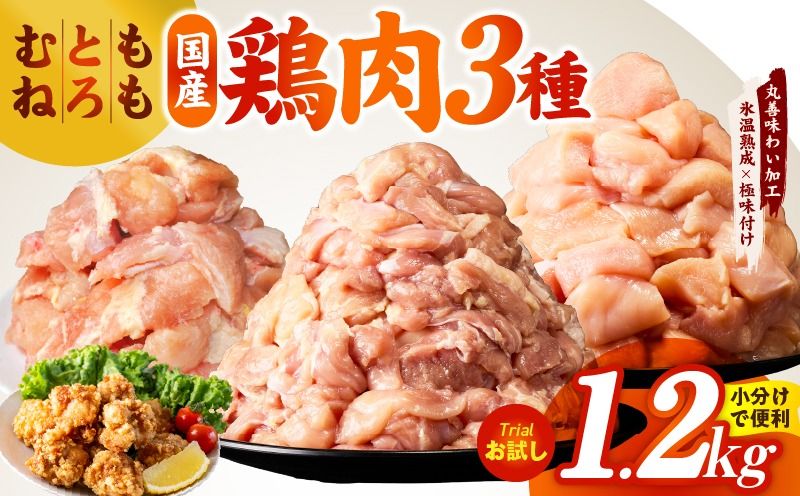 mrz0410 [氷温熟成×極味付け]国産鶏モモ・鶏とろ(肩肉)・鶏むね 3種セット 合計1.2kg[スピード発送 カット済み 氷温熟成×極味付け 小分け 味付き 簡単調理 訳あり サイズ不揃い 鶏肉 もも肉 むね肉 鶏とろ 肩肉 とり]