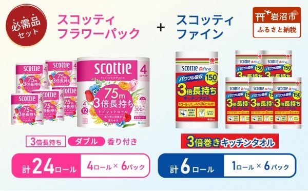 キッチンペーパー 6パック入 スコッティ ファイン 1ロール 150カット トイレットペーパー ダブル 24ロール ( 4ロール × 6パック ) フラワーパック
