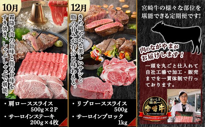 宮崎牛定期便(8回お届け) Fコース_N25-006-T8 宮崎牛 肩ロース ウデ モモ バラ カルビ リブロース サーロイン スライス 切り落とし ブロック 焼肉 ステーキ