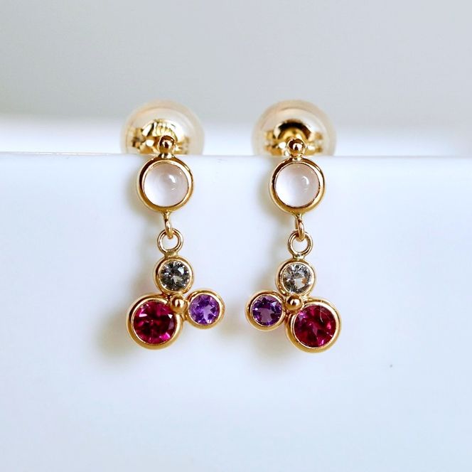 K10YG(10金) イエローゴールド ピンク系天然石 マルチカラー ピアス 揺れる 保証書付 2125 242-052-a