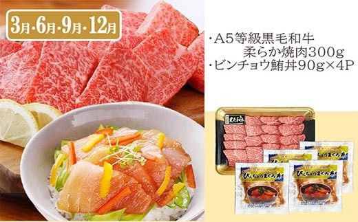 定期便(3回配送)枕崎お楽しみ便(黒毛和牛・黒豚ハンバーグ・まぐろ　かつお丼) LL-6005 【1462804】