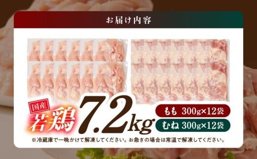 国産若鶏7.2kg 小分けパック!カット済み!(もも300g×12P・むね皮なし300g×12P)_23-3301_(都城市)鶏肉 皮なしムネ もも 300g×24パック  小分け 使いやすい カット済 冷凍