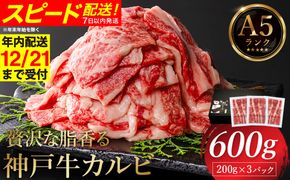 贅沢な脂香る A5ランク 神戸牛 カルビ焼肉 600g（200g×3パック）/ A5ランク 牛カルビ 小分け 牛肉 焼肉 カルビ バラ 肉 ばら肉 焼き肉 密着包装 霜降り バーベキュー 冷凍 国産牛 ブランド牛 黒毛和牛 神戸ビーフ 化粧箱入り ギフト【帝神志方ミート】【12/21までの受注分年内発送】
