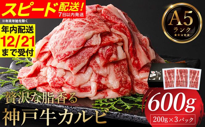 贅沢な脂香る A5ランク 神戸牛 カルビ焼肉 600g（200g×3パック）/ A5ランク 牛カルビ 小分け 牛肉 焼肉 カルビ バラ 肉 ばら肉 焼き肉 密着包装 霜降り バーベキュー 冷凍 国産牛 ブランド牛 黒毛和牛 神戸ビーフ 化粧箱入り ギフト【帝神志方ミート】【12/21までの受注分年内発送】